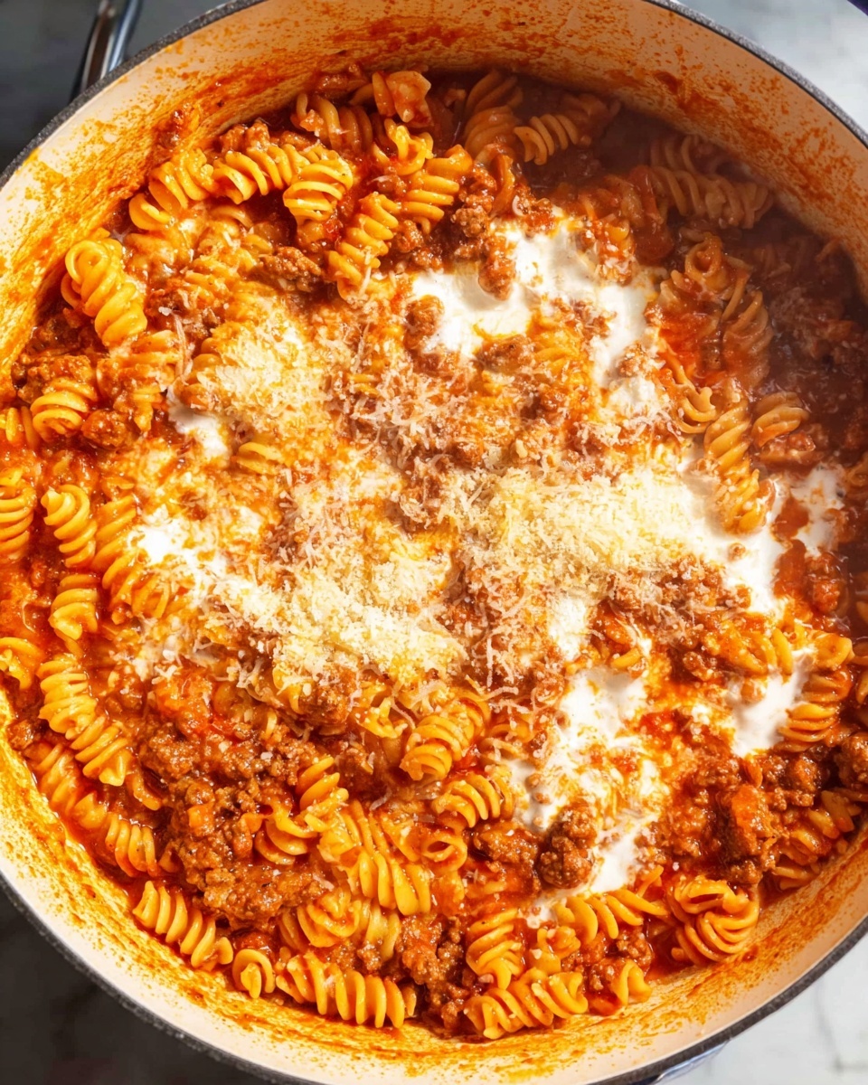A close-up of a pot filled with cooked rotini pasta mixed with a thick red tomato sauce and browned ground meat, all evenly coated and slightly glossy. Creamy white sauce swirls are mixed into the pasta around the edges, creating a contrast with the deep red sauce. In the middle, there is a sprinkling of fine grated cheese, pale yellow in color, slightly melting into the sauce below. The round white pot has a visible rim, and the background shows a white marbled texture. photo taken with an iphone --ar 4:5 --v 7