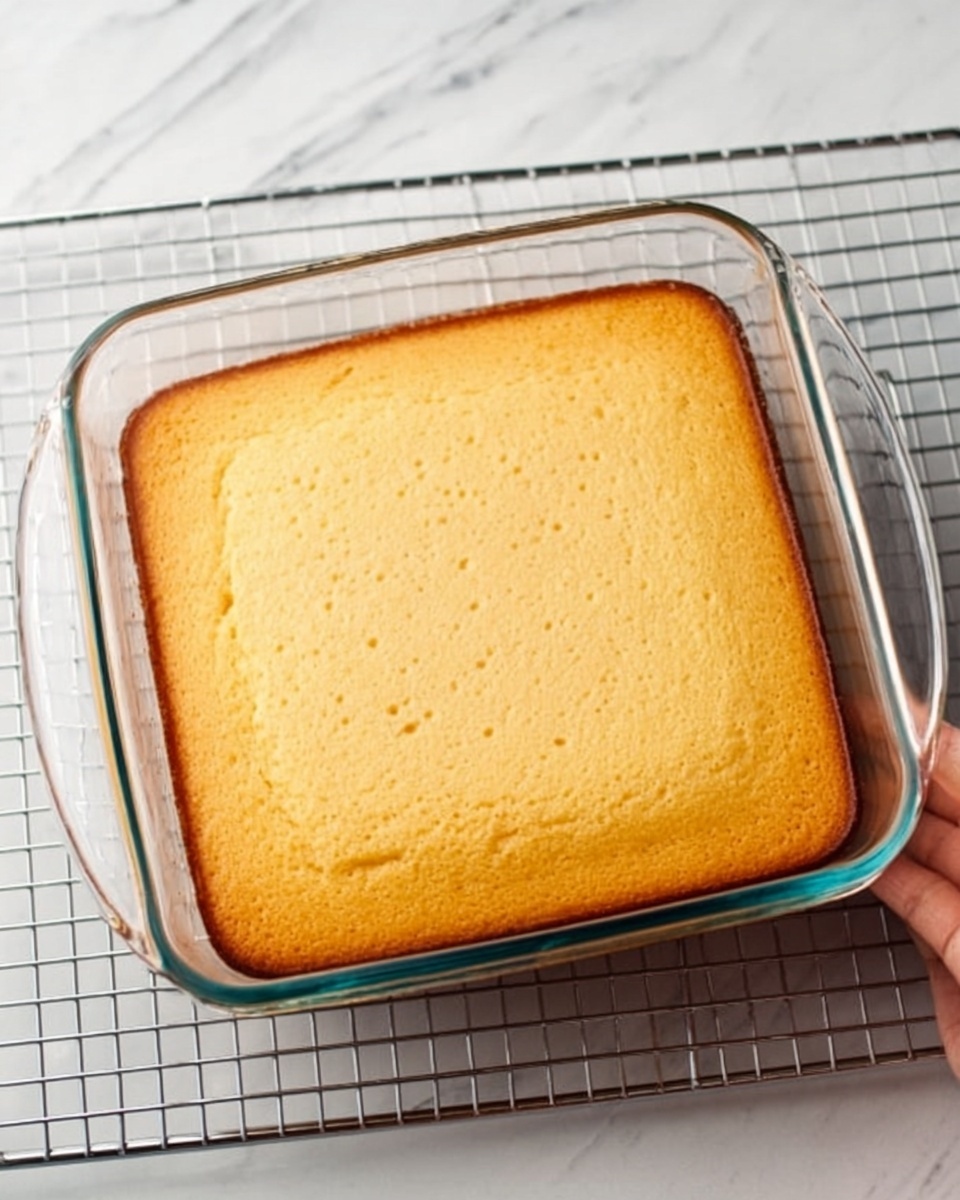 The image shows a single layer of golden-brown baked cake in a clear glass square baking dish with rounded edges and handles on both sides. The cake has a smooth top with slight darker spots and an even texture. The baking dish is placed on a white marbled surface with a cooling rack underneath. A woman's hand is holding the baking dish on the right side. Photo taken with an iphone --ar 4:5 --v 7