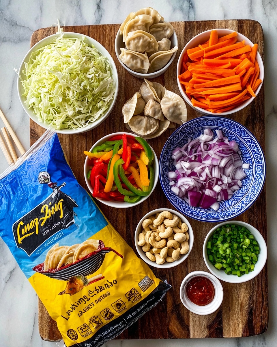 A colorful arrangement of ingredients surrounds a bright yellow and blue Ling Ling potstickers bag placed in the center on a wooden surface. At the top, a white bowl holds shredded pale green cabbage, next to it is a white bowl with thin, long orange carrot slices, and a small white bowl with sliced red and green bell peppers. Nearby, a white bowl contains sliced brown mushrooms, while a blue and white patterned bowl holds thinly sliced red onions and garlic cloves. In the middle right, a small clear bowl has cashew nuts, a small white bowl has green chopped scallions, and a small white dish shaped like a boat contains red chili sauce. Another small white container holds raw white sesame seeds. The background is a white marbled texture. Photo taken with an iphone --ar 4:5 --v 7