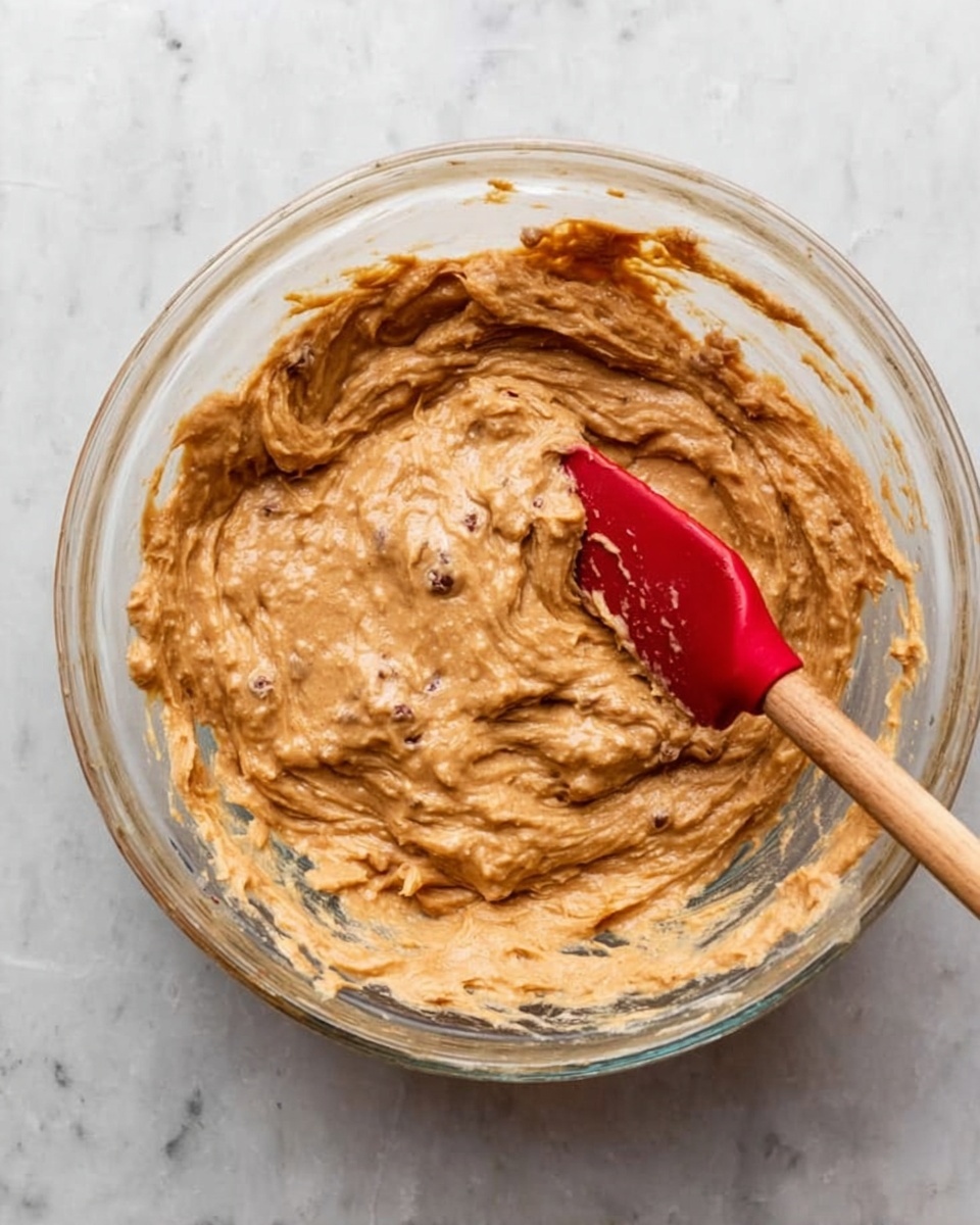 A clear glass bowl sits on a white marbled surface, filled with thick, light brown batter mixed with small darker chunks throughout. A red spatula with a wooden handle rests inside the bowl, partially coated with the batter. The texture of the batter looks smooth but dense, with some swirl marks made by stirring. Photo taken with an iphone --ar 4:5 --v 7