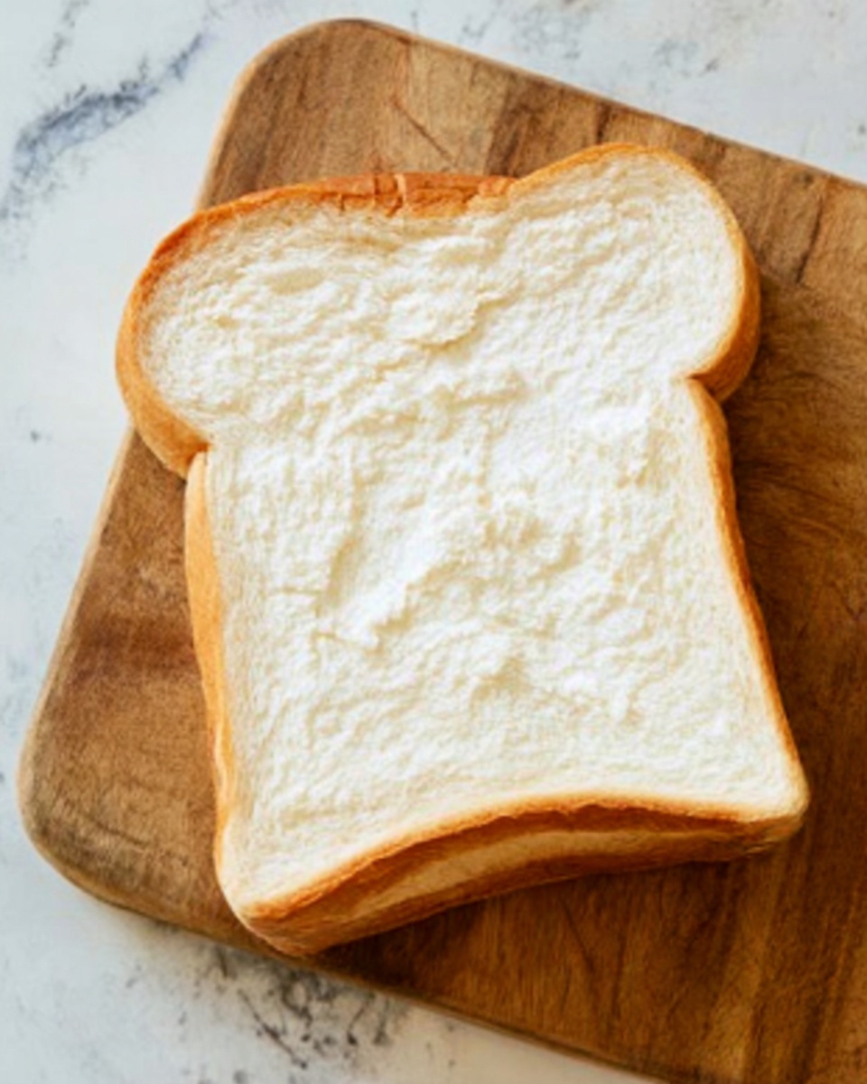 A single slice of soft white bread with a smooth texture sits on a wooden cutting board. The bread is square-shaped with rounded edges and a light golden crust on top. The surface beneath the board is a white marbled texture. The photo taken with an iphone --ar 4:5 --v 7