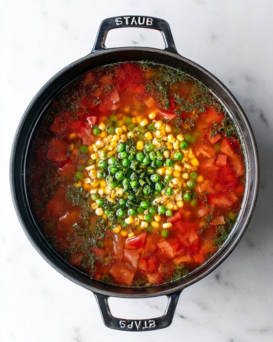 The image shows a black round cooking pot filled with a colorful vegetable soup, placed on a white marbled surface. The soup has a clear red broth with visible pieces of diced red tomatoes and green leafy vegetables floating near the edges. In the center, there is a neat pile of yellow corn kernels and bright green peas layered on top, giving a fresh look. The pot has handles on both sides and the brand name