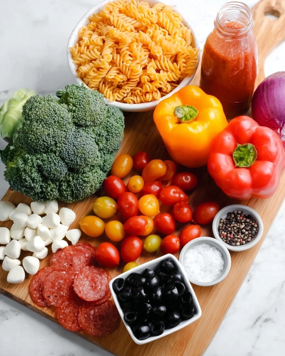 The image shows a wooden cutting board on a white marbled surface holding a colorful mix of fresh ingredients. At the back, there is a white bowl filled with dry rotini pasta that is light orange. Behind it to the right is a glass bottle with a red tomato sauce inside. Around the bowl are three whole bell peppers in red, orange, and yellow colors. To the left of the peppers, there is a large green broccoli head. Below the peppers are two clusters of mixed cherry tomatoes in red and yellow shades. Near the center front, there is a small square white bowl of shiny black olives. In front of the olives, there are small white mozzarella balls scattered next to a small pile of thinly sliced red pepperoni. To the left front, small bowls contain salt and a mix of black and white peppercorns. On the right side of the board, a whole red onion with its skin on rests partially visible. photo taken with an iphone --ar 4:5 --v 7
