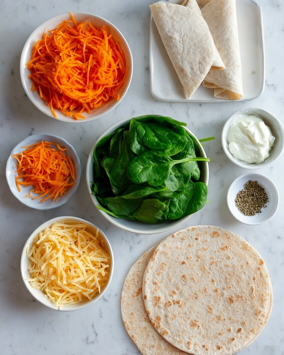 The image shows a top view of a white marbled surface with several small white bowls and plates arranged neatly. There are two soft round whole wheat tortillas placed side by side on the bottom right. Above the tortillas, a small bowl filled with fresh green spinach leaves is centered. To the left, a bowl is full of shredded orange carrots, and above it, a square white plate holds folded white flatbreads or wraps. On the top right, a bowl with shredded yellow cheese is next to two smaller white bowls, one containing white sour cream or yogurt with some green herbs, and the other finely ground black pepper or spice. The overall colors are fresh greens, orange, yellow, and white. The photo taken with an iphone --ar 4:5 --v 7
