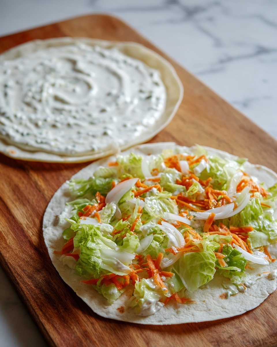 The image shows two white tortillas on a wooden surface side by side. The first tortilla on the left is spread evenly with a smooth, creamy white layer that has small green specks scattered throughout. The second tortilla on the right is topped with torn pieces of light green and darker green lettuce leaves, some shredded orange carrot strips, and thin slices of white onion spread over the white creamy base. The background is a white marbled texture. Photo taken with an iphone --ar 4:5 --v 7