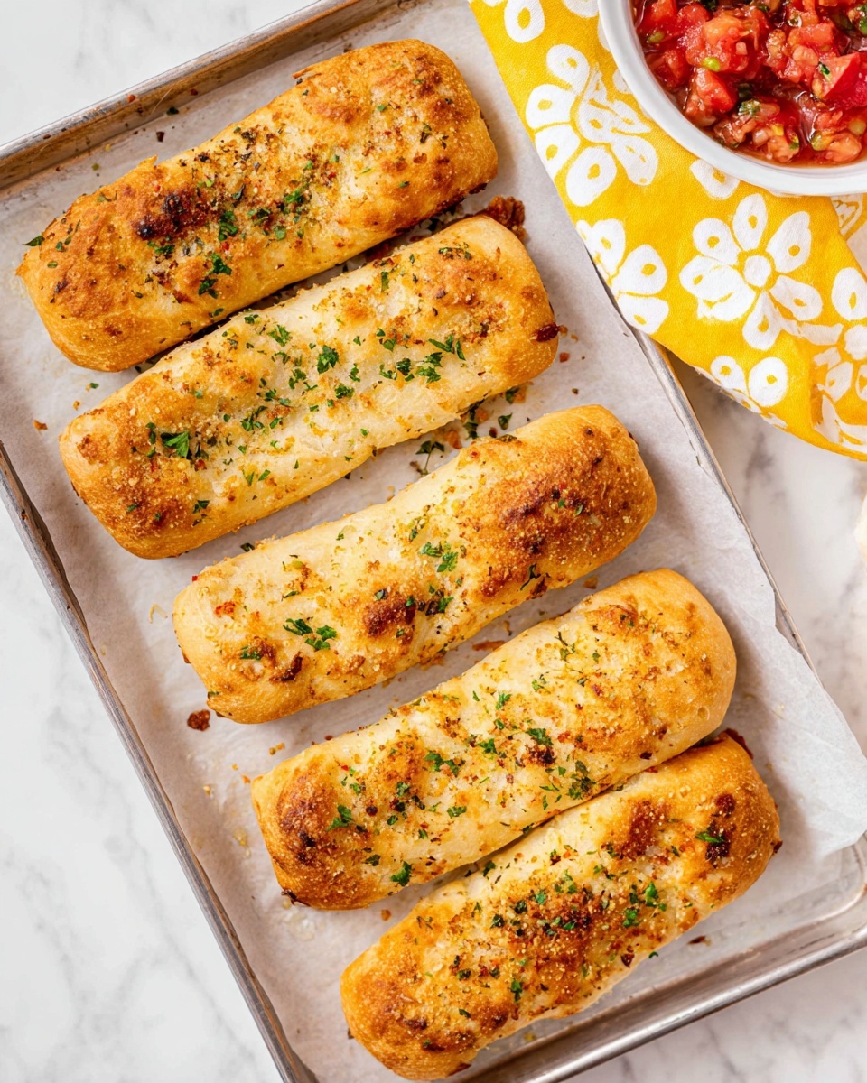 The image shows a silver baking tray with parchment paper holding five golden brown breadsticks. Each breadstick is rectangular with rounded edges and has a crispy outer crust sprinkled with green parsley flakes and light brown seasoning. The breadsticks have a slightly uneven surface with some darker toasted spots. On the right edge of the image, part of a white bowl with red tomato salsa is visible. The background is a white marbled texture with a yellow and white flower-patterned cloth partially shown in the top right corner. Photo taken with an iphone --ar 4:5 --v 7