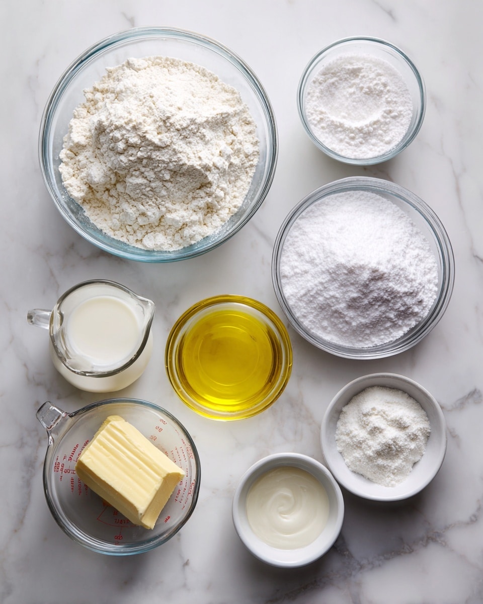 The image shows nine clear glass bowls and small white dishes arranged on a white marbled surface. Starting from the top left, there is a large bowl filled with white flour, next to it a smaller bowl with white granulated sugar. Below the flour is a large bowl of powdered sugar, looking soft and smooth. To the right of the powdered sugar is a medium bowl filled with a bright yellow liquid, likely oil. At the bottom left, a glass measuring cup contains a creamy liquid, and next to it a small bowl has a golden yellow liquid. Beside the butter stick in the center is a small clear bowl with a white powder or salt. To the right side are two small white dishes, one with a white powder and the other with a liquid, possibly milk or cream. The overall layout is clean and bright, showing all ingredients clearly for baking. Photo taken with an iphone --ar 4:5 --v 7