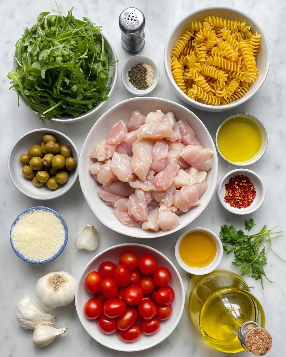The image shows a white bowl in the center filled with raw pale pink sliced chicken pieces. Around it, there are several white bowls and containers: at the top left is a bowl full of fresh green leafy arugula, next to it on the right is a bowl with yellow spiral pasta, and to their right is a small dish with red chili flakes. Below the chili flakes is a small bowl of golden honey, and to its left, a bowl with white grated cheese. To the right of the cheese is a bottle of clear yellow olive oil, next to a small bunch of fresh green herbs on the white marbled surface. Below the chicken bowl is a white bowl full of small, shiny, bright red cherry tomatoes. On the bottom left, there is a bowl with green olives, nearby three white garlic cloves, and a whole red onion to the left of the yellow bell pepper. A pepper grinder and salt container are positioned in the lower left corner. The white marbled texture background adds a clean look. Photo taken with an iphone --ar 4:5 --v 7