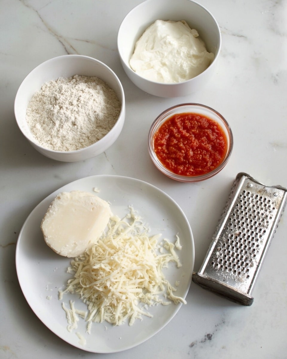 The image shows four bowls and a plate on a white marbled surface. On the top left, a white bowl holds a mix of flour and another powder. On the top right, another white bowl is filled with a creamy white substance. In the middle, a small clear bowl holds a white powder. To the right, a small white bowl is filled with a bright red sauce. In the front, there is a white plate with shredded cheese, a round piece of cheese, and an old metal grater with shredded cheese falling from it onto the plate. Photo taken with an iphone --ar 4:5 --v 7