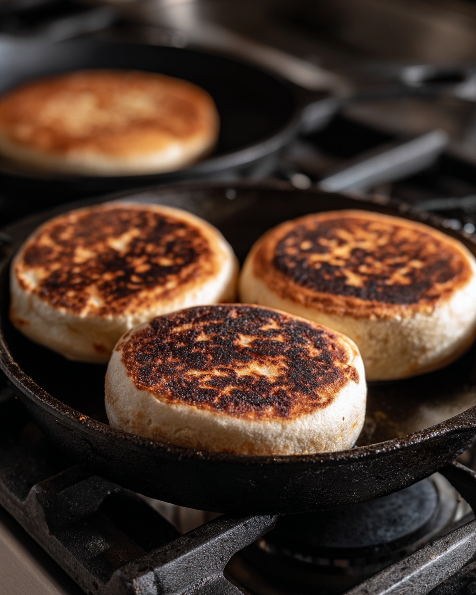 Three round, thick bread rounds with a golden brown toasted top and slightly white sides are frying in a black cast iron pan. The breads have uneven, slightly crispy textures on the toasted side, showing some darker browning spots. A part of another pan is visible in the background with two more breads cooking the same way. The stove under the pans and its black grates can be seen around the pans. The overall photo has a warm, cozy cooking vibe. photo taken with an iphone --ar 4:5 --v 7