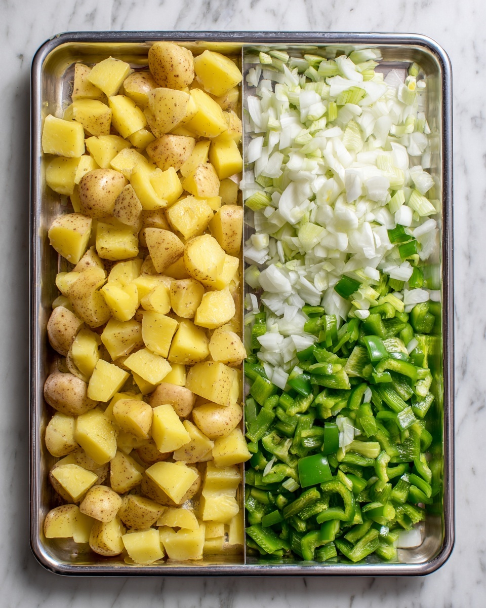 The image shows two side-by-side photos of a shiny silver baking tray filled with chopped ingredients on a white marbled surface. On the left, the tray is filled with a single layer of small, uneven yellow potato pieces with skin on. On the right, the tray has three layers visible: the bottom layer of diced yellow potatoes with skin, topped by roughly chopped white onion pieces in the middle, and the top layer of chopped green bell pepper pieces scattered across. The vegetables look fresh and raw, ready for cooking. photo taken with an iphone --ar 4:5 --v 7
