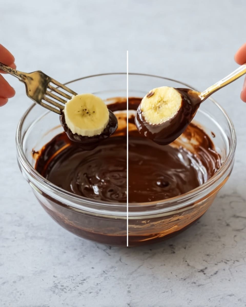 The image shows a clear glass bowl with a smooth, thick layer of melted dark brown chocolate inside. On the left side, a woman's hand holds a fork that is lifting a round, light yellow banana slice, partially dipped in the chocolate, with the chocolate coating covering most of the banana slice's surface. On the right side, a woman's hand is dipping a round, light yellow banana slice fully covered in the dark brown melted chocolate using a spoon. The background is a white marbled texture. photo taken with an iphone --ar 4:5 --v 7