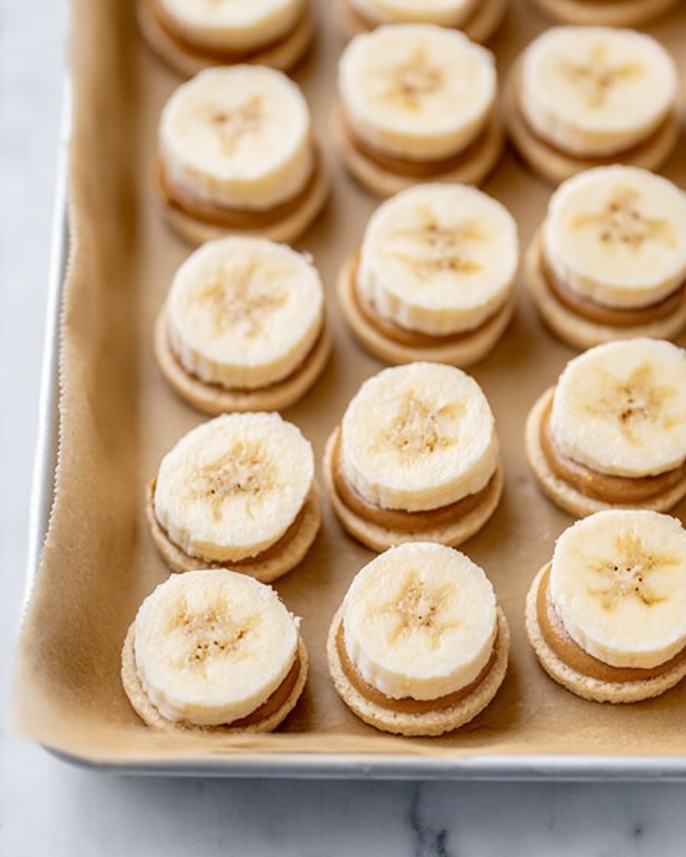 The image shows a tray lined with light brown parchment paper filled with round mini sandwiches made of three layers. The bottom and top layers are light beige, smooth inside pieces resembling bread or cracker circles, while the middle layer is a thin, light brown spread or filling, likely peanut butter. On top of each sandwich, there is a thick yellowish-white banana slice with visible, soft textures and some brown spots in the center. The sandwiches are neatly arranged in rows on the white marbled surface. Photo taken with an iphone --ar 4:5 --v 7