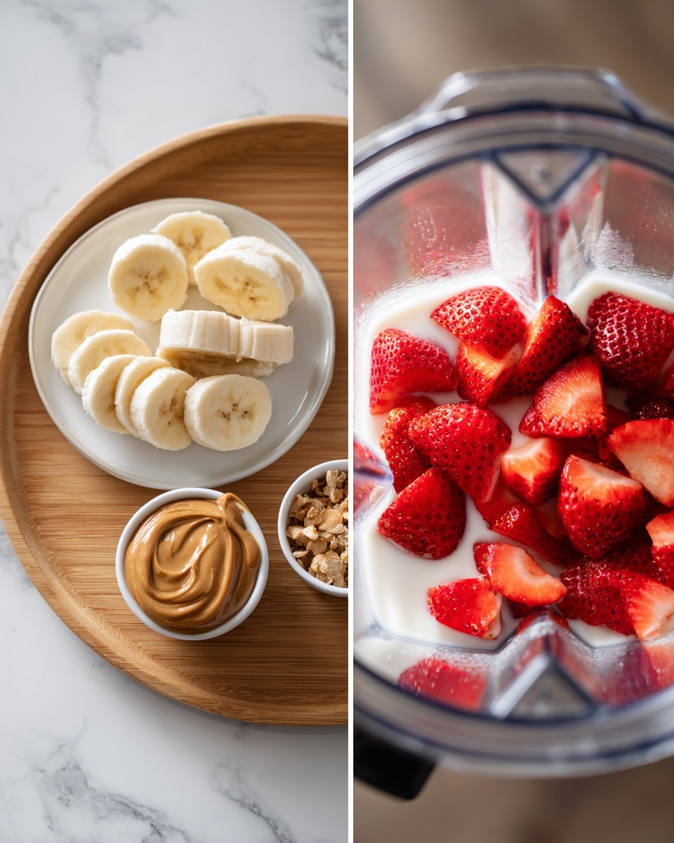 The image shows two parts: on the left, a round wooden tray holds a small white plate with sliced bananas, a small bowl of peanut butter, and another white bowl filled with cut strawberries placed on a white marbled surface. On the right, a close-up view inside a blender shows red strawberry pieces floating in a white liquid, likely milk or cream, with the blender blades visible near the top. photo taken with an iphone --ar 4:5 --v 7