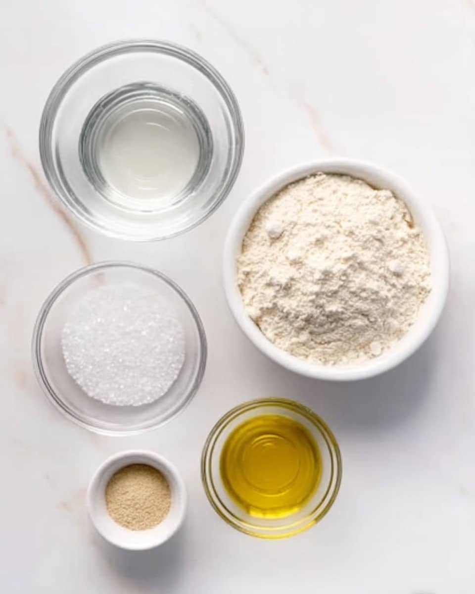The image shows five clear containers with baking ingredients arranged on a white marbled surface. On the top right is a white bowl filled with light beige flour, showing a soft powder texture. To its left is a round clear glass bowl holding clear water, smooth and shiny. Below the water bowl is a smaller glass container with white granulated sugar, sparkling in the light. At the center bottom is a small white bowl containing golden yellow oil, with a smooth and shiny surface. Finally, on the bottom right is a small clear bowl with light brown dry yeast, showing a fine grain texture. The items are spaced evenly with a clean and simple layout, photo taken with an iphone --ar 4:5 --v 7