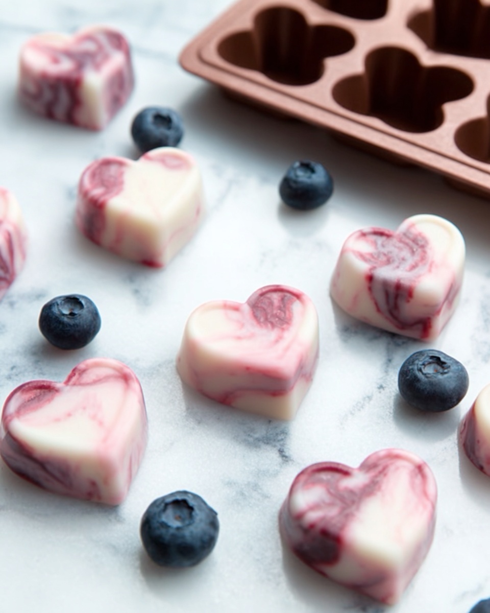 The image shows several small heart-shaped candies made of white and pink swirled chocolate, placed on a white marbled surface with a few fresh blueberries scattered around. The candies have a smooth and slightly glossy texture, with some variations in the pink swirls giving a marbled effect. In the upper right corner, there is a brown silicone heart-shaped mold with a few empty cavities visible. The scene is bright and clean, highlighting the light colors of the candies and the dark blueberries, photo taken with an iphone --ar 4:5 --v 7