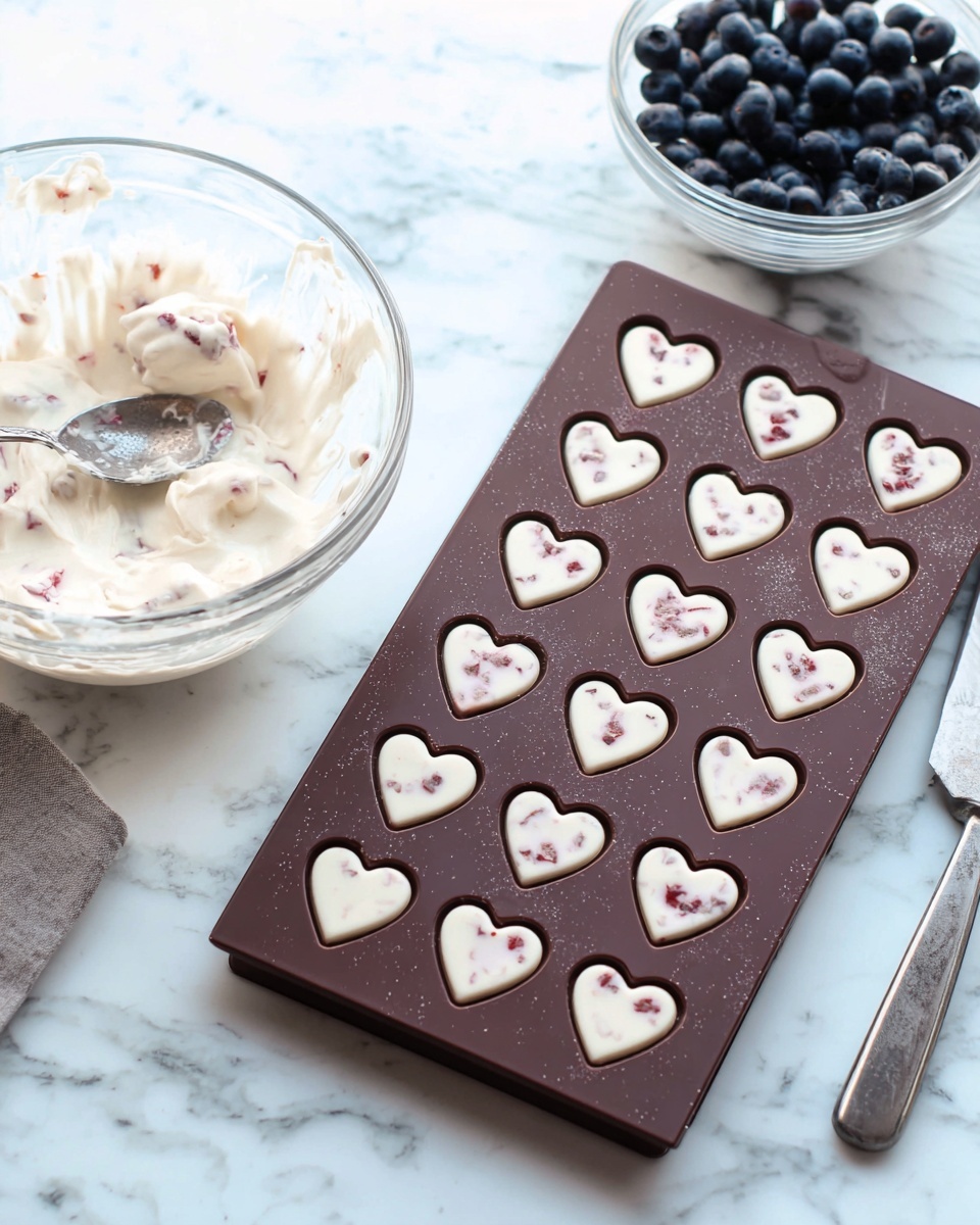 The image shows a dark brown rectangular chocolate mold with two rows of small heart-shaped cavities filled with a creamy white mixture that has small bits of reddish pieces inside. The mold is placed on a white marbled surface. To the left of the mold is a clear glass bowl with some of the creamy white mixture and reddish bits, along with a silver spoon inside it. In the upper right corner, there is a clear bowl filled with blueberries beside a silver knife. The scene has a clean and soft natural light. Photo taken with an iphone --ar 4:5 --v 7