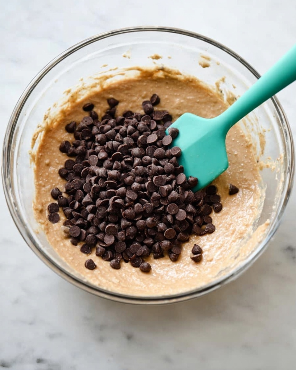 A clear glass bowl contains a light brown batter with a smooth but slightly thick texture filling most of the bowl. On top of the batter is a large pile of small, dark brown chocolate chips mostly in the center. A teal silicone spatula with some batter on its edge is partially in the bowl, resting just beside the chocolate chips. The bowl is on a white marbled surface. photo taken with an iphone --ar 4:5 --v 7