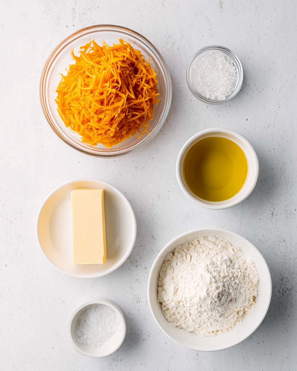A top view of six small white bowls and one clear bowl arranged on a white marbled surface. The clear bowl at the top left is filled with bright orange shredded cheese, showing a rough texture and piled high. To its right is a small white bowl filled with golden yellow liquid, likely oil. Below that is an empty small white bowl. At the bottom right is a larger white bowl filled with white flour piled loosely. To the left of the flour bowl is a small white bowl containing a single rectangular piece of pale yellow butter. Above the butter bowl is a small clear bowl with a small pile of coarse white salt. The colors contrast softly with the white marbled background, focusing on the ingredients. Photo taken with an iphone --ar 4:5 --v 7