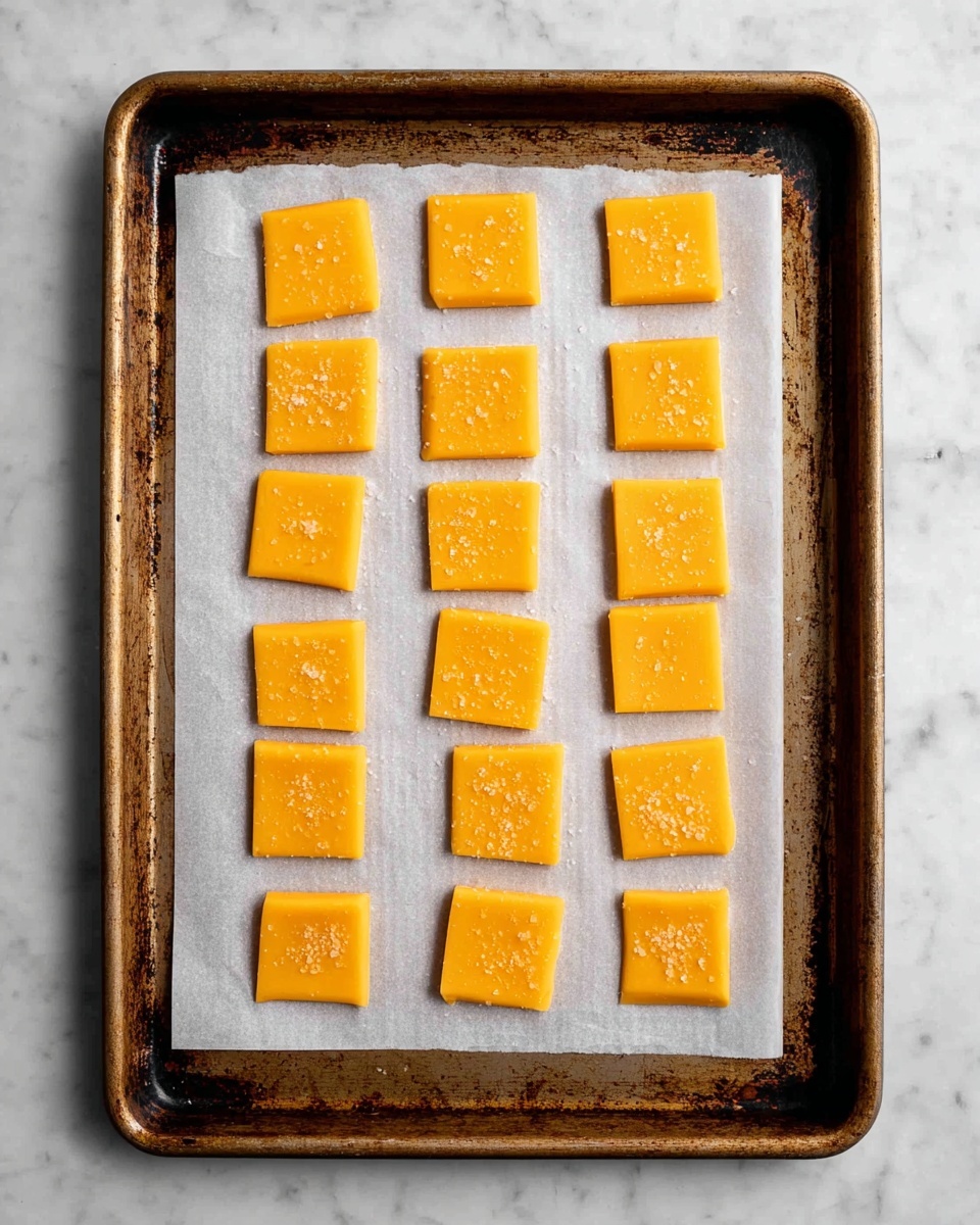 A baking tray lined with white parchment paper holds six rows and eight columns of small, square, orange cheese slices. Each square has a smooth surface and a small hole in the center, with some sprinkled with a light layer of salt. The tray is set on a white marbled surface, showing a few dark marks on the tray edges and a textured, slightly worn look. photo taken with an iphone --ar 4:5 --v 7
