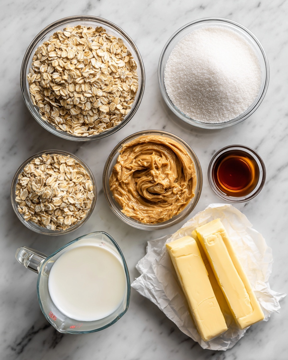 Six separate clear glass bowls and a clear measuring cup are arranged on a white marbled surface. The top left bowl is filled with light brown rolled oats, showing a coarse texture. To its right, a bowl is fully packed with fine white sugar, smooth on top. Below, in the center, there is a bowl with a creamy, light brown peanut butter with visible swirls. Underneath the oats, a clear measuring cup holds white milk. To the right of the peanut butter, a small bowl contains a dark brown liquid vanilla extract. Next to that is an opened white paper wrapper with two thick yellow sticks of butter resting on it. photo taken with an iphone --ar 4:5 --v 7