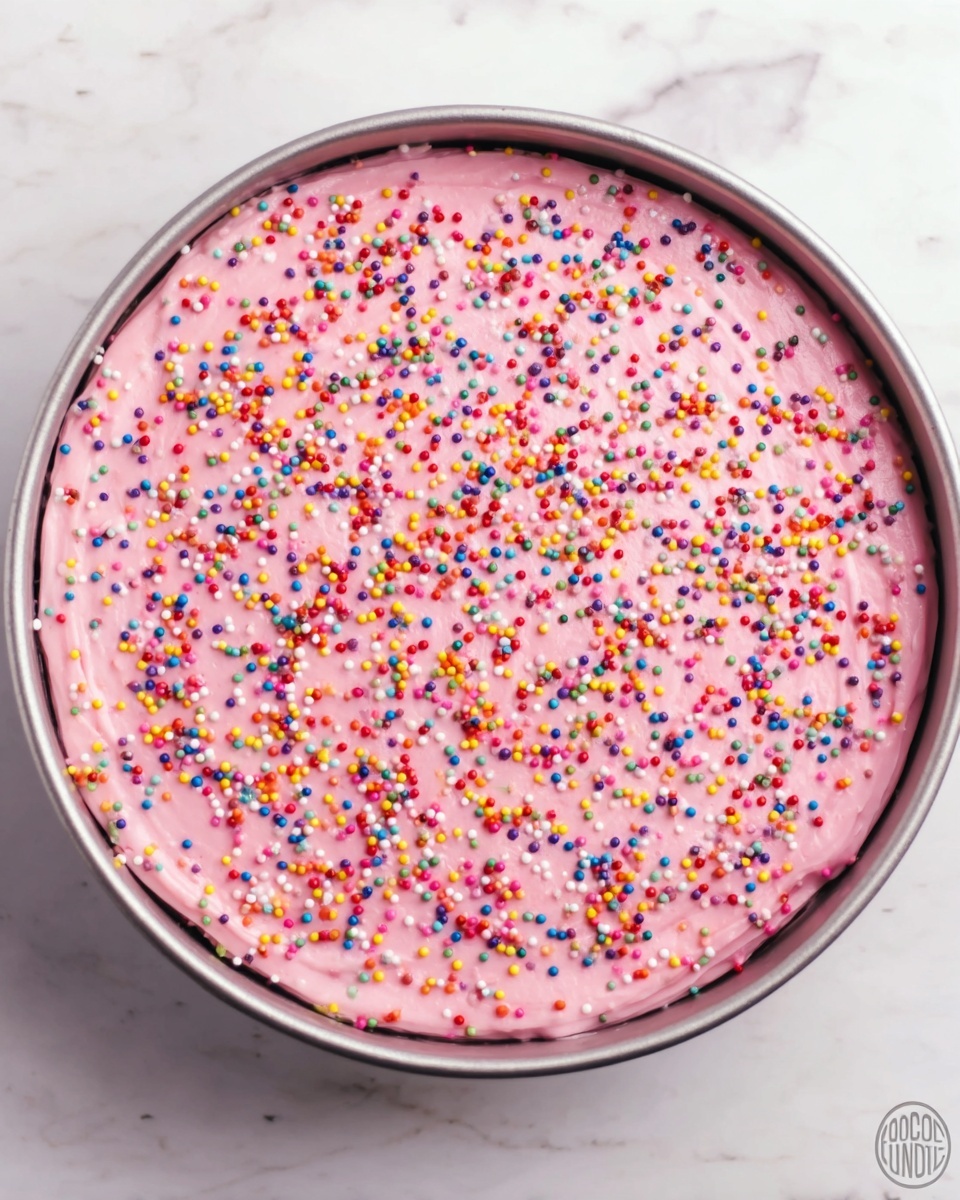 A round cake with a smooth light pink frosting covering the entire top and sides, sprinkled generously with small colorful round sprinkles in red, blue, yellow, and purple. The cake sits inside a round metal pan on a white marbled surface. Photo taken with an iphone --ar 4:5 --v 7