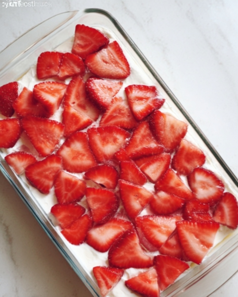 The image shows a rectangular glass dish filled with a creamy white layer topped with fresh, thinly sliced strawberries arranged evenly in a single layer covering the entire surface. The strawberries are bright red with a smooth texture, creating a fresh look on top of the creamy base. The dish sits on a white marbled surface. Photo taken with an iphone --ar 4:5 --v 7