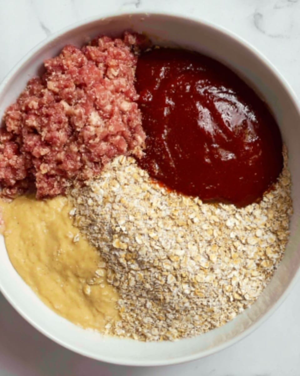 The image shows a white bowl on a white marbled surface filled with four separate layers of ingredients. On the top left, there is raw ground meat in a reddish-pink color. Next to it on the top right is a smooth, thick dark red sauce. On the bottom right, there is a large layer of light beige oats with a coarse texture. On the bottom left, there is a creamy pale yellow mustard-like sauce. Each layer is distinct and separate inside the bowl. photo taken with an iphone --ar 4:5 --v 7