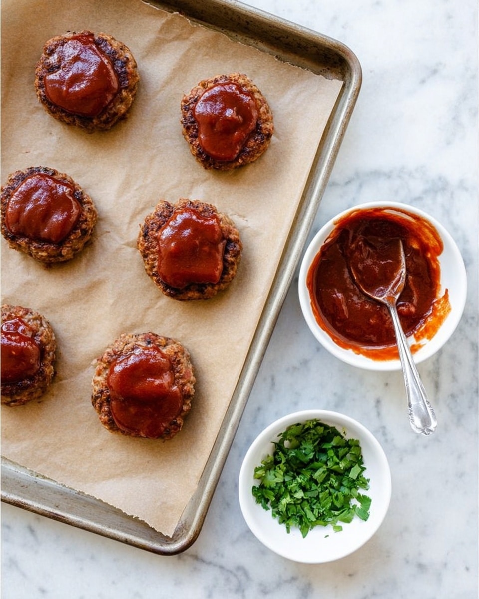 A baking tray lined with light brown parchment paper holds six round, crisp-edged meat patties with a thick, glossy red sauce on top, arranged in two vertical rows. To the right of the tray on a white marbled surface, there are two small white bowls: the top bowl has more of the same red sauce with a metal spoon resting beside it smeared with sauce, and the bottom bowl contains chopped green herbs. The whole scene is bright and clean, showing the textures of the crispy patties, shiny sauce, and fresh green herbs. photo taken with an iphone --ar 4:5 --v 7
