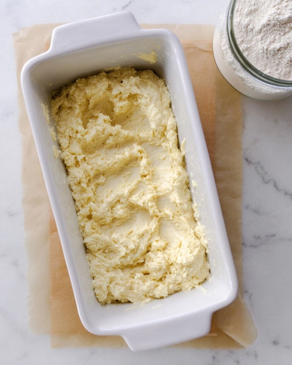 A white rectangular ceramic dish filled with a thick, creamy, pale yellow batter that has a slightly rough and uneven texture, tightly packed to fill the entire dish surface. The dish rests on a sheet of parchment paper, placed on a white marbled surface, with a glass jar filled with flour or a similar powdery ingredient positioned to the right. Photo taken with an iphone --ar 4:5 --v 7