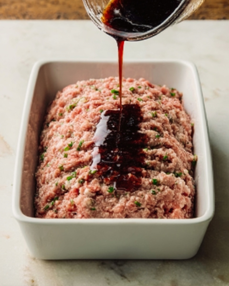 A rectangular white dish filled with raw ground meat that has small green herbs mixed in. A dark brown sauce is being poured over the top from above, creating a shiny, thick layer that slowly spreads over the meat’s rough and slightly uneven texture. The dish is placed on a white marbled surface. Photo taken with an iphone --ar 4:5 --v 7