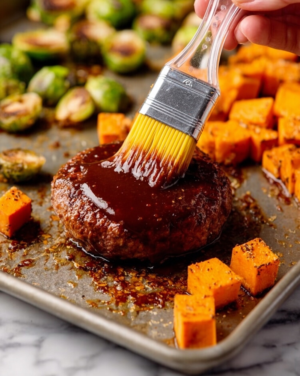 The image shows a cooked meat patty on a baking sheet, being brushed with a thick dark brown sauce using a clear brush with a yellow silicone bristle tip held by a woman's hand. Around the patty, there are small bright orange roasted sweet potato cubes and some green roasted Brussels sprouts. The surface of the patty is shiny from the sauce. The background is a white marbled texture. Photo taken with an iphone --ar 4:5 --v 7