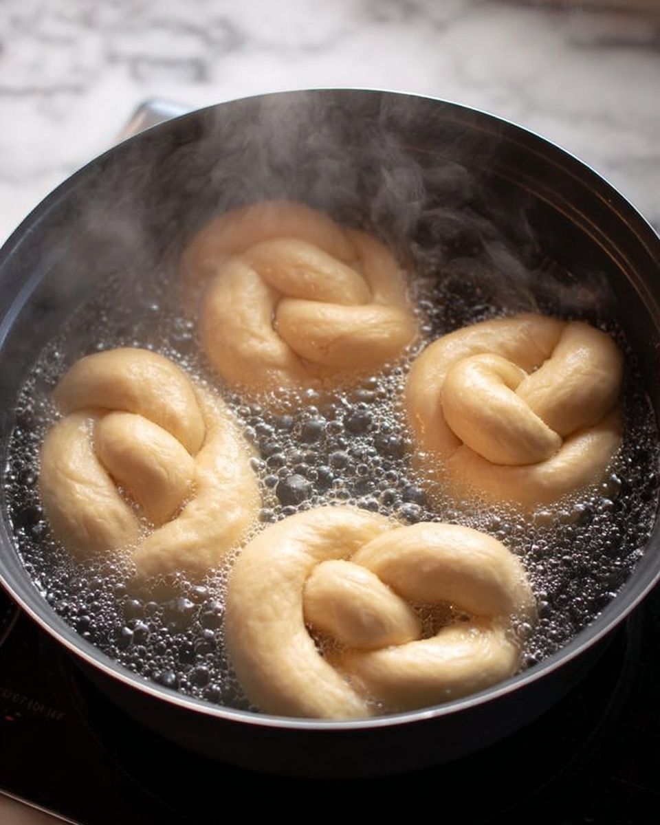 The image shows four light beige dough pieces shaped into knots floating in simmering water inside a black pot. The dough has a smooth texture with some small bubbles on the surface. Steam rises gently from the water, creating a soft mist above the pot. The pot sits on a white marbled surface, adding contrast to the dark cooking vessel. Photo taken with an iphone --ar 4:5 --v 7