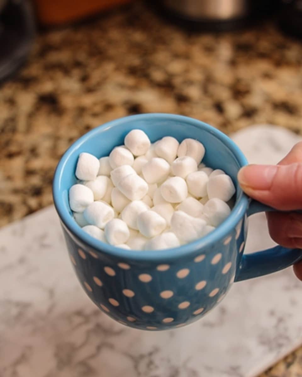 A woman's hand is holding a blue cup with white polka dots, filled to the brim with small, white marshmallows. The cup is positioned over a white marbled surface, and the background shows a blurry kitchen countertop with warm brown tones. The marshmallows are smooth and rounded, tightly packed inside the cup. Photo taken with an iphone --ar 4:5 --v 7