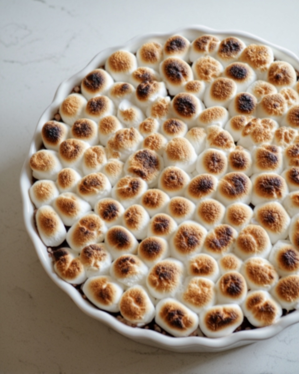 The image shows a white dish filled with a dessert covered in small, round toasted marshmallows arranged closely together in one thick layer. Each marshmallow is slightly puffed, with golden brown and darker brown toasted spots on top, giving them a warm, caramelized look. The dish sits on a white marbled surface, creating a clean and simple background. Photo taken with an iphone --ar 4:5 --v 7