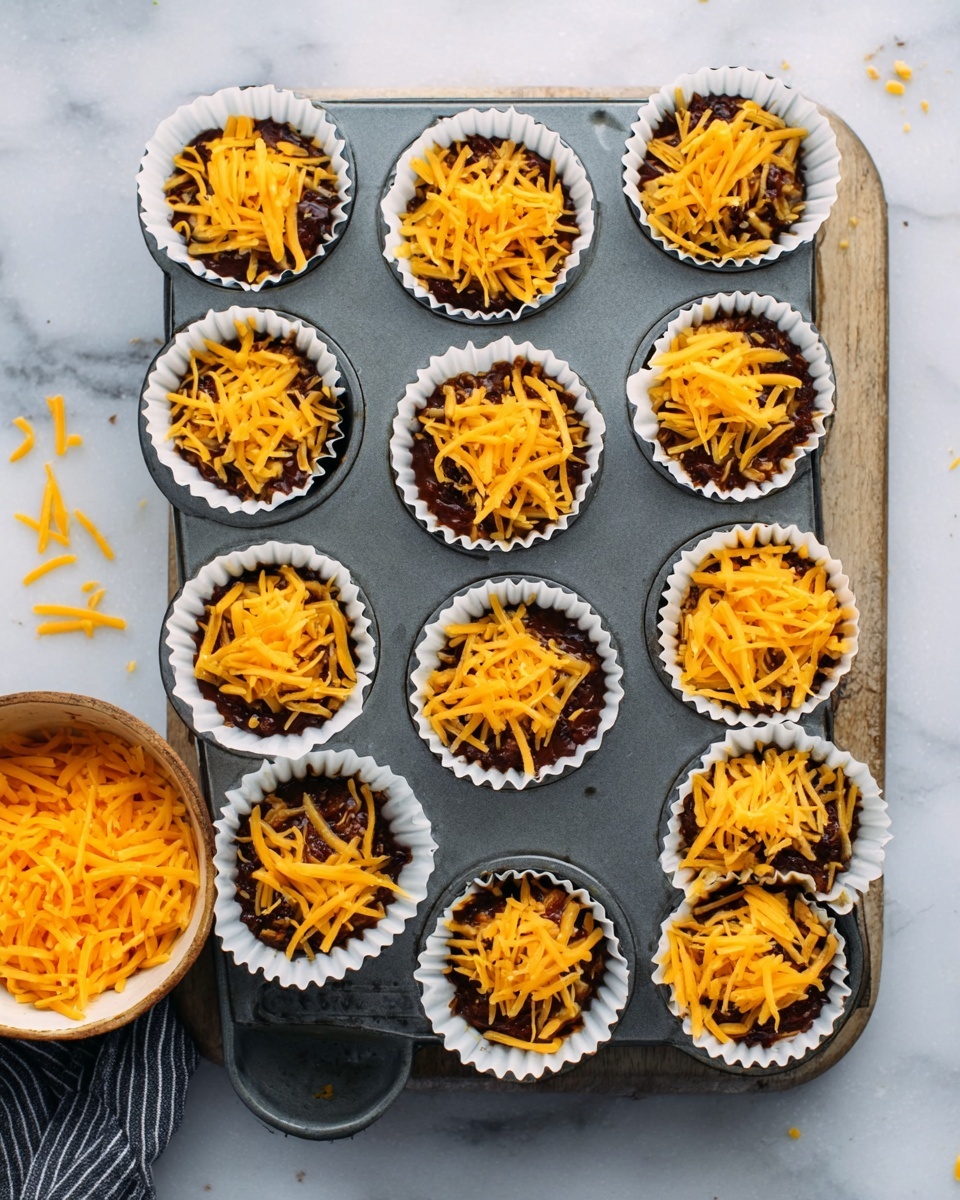 Twelve small white pastry cups are placed in a metal muffin tray on a white marbled surface. Each pastry cup is filled with a dark, chunky filling and topped generously with bright orange shredded cheese, creating a colorful contrast. A bowl of extra shredded cheese sits nearby on the surface, with some cheese scattered around it. The setup looks ready to go into the oven, showing neat rows of the filled pastry cups. photo taken with an iphone --ar 4:5 --v 7
