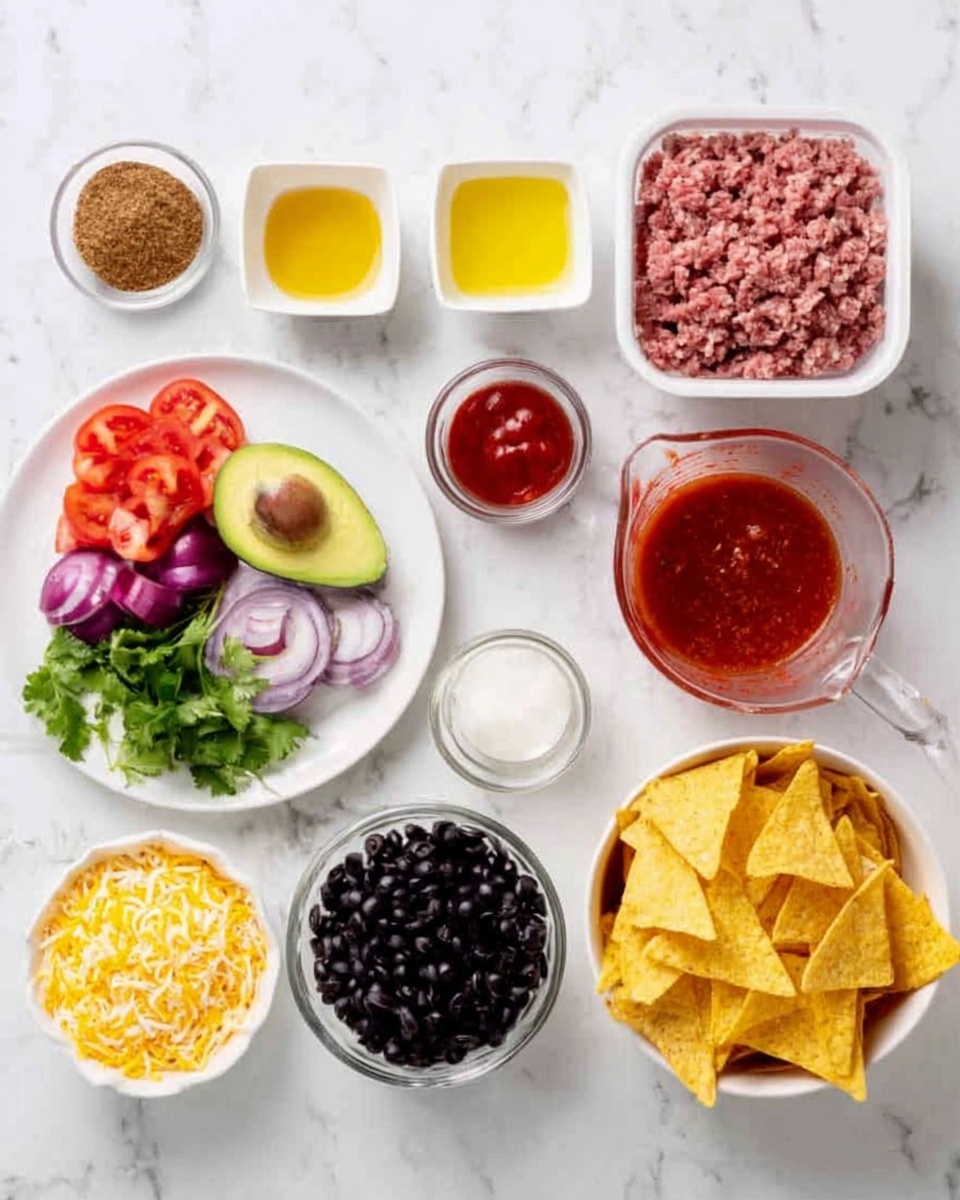 The image shows several white bowls and containers arranged neatly on a white marbled surface. On the top row from left to right, there is a small bowl with brown spice powder, a small bowl with yellow oil, a white container with raw ground meat, a bowl with black sliced olives, and a transparent measuring cup with red sauce. The middle row has a plate with fresh vegetables including an avocado, tomato, red onion, cilantro, and a small bowl of white sauce. Below the meat and olives, there is a bowl of shredded yellow cheese, a bowl with yellow corn, and a bowl filled with black beans. To the right, there is a large white bowl filled with light yellow triangular tortilla chips. The overall scene is bright and organized, ready for cooking photo taken with an iphone --ar 4:5 --v 7