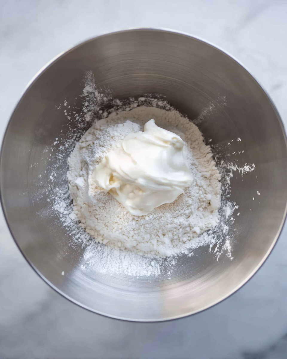 Inside a large silver mixing bowl sits a mound of white flour forming the base layer, topped with a dollop of thick white cream in the center. The silver bowl has a smooth shiny texture, with some scattered flour dust around the bottom edges. The bowl is placed on a white marbled surface that is subtly patterned and clean. photo taken with an iphone --ar 4:5 --v 7