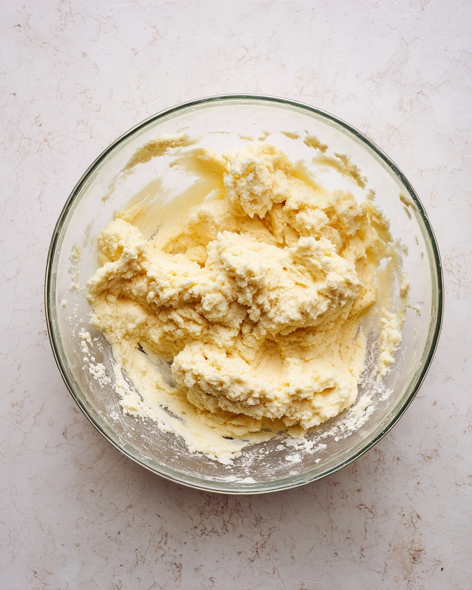 A clear glass bowl filled with a thick, creamy mixture that is light yellow in color with small textured lumps spread throughout. The mixture looks soft and slightly fluffy with some uneven surfaces and small specks of seasoning. The bowl sits on a white marbled textured surface, with some of the mixture spread thin along the inside edges. photo taken with an iphone --ar 4:5 --v 7