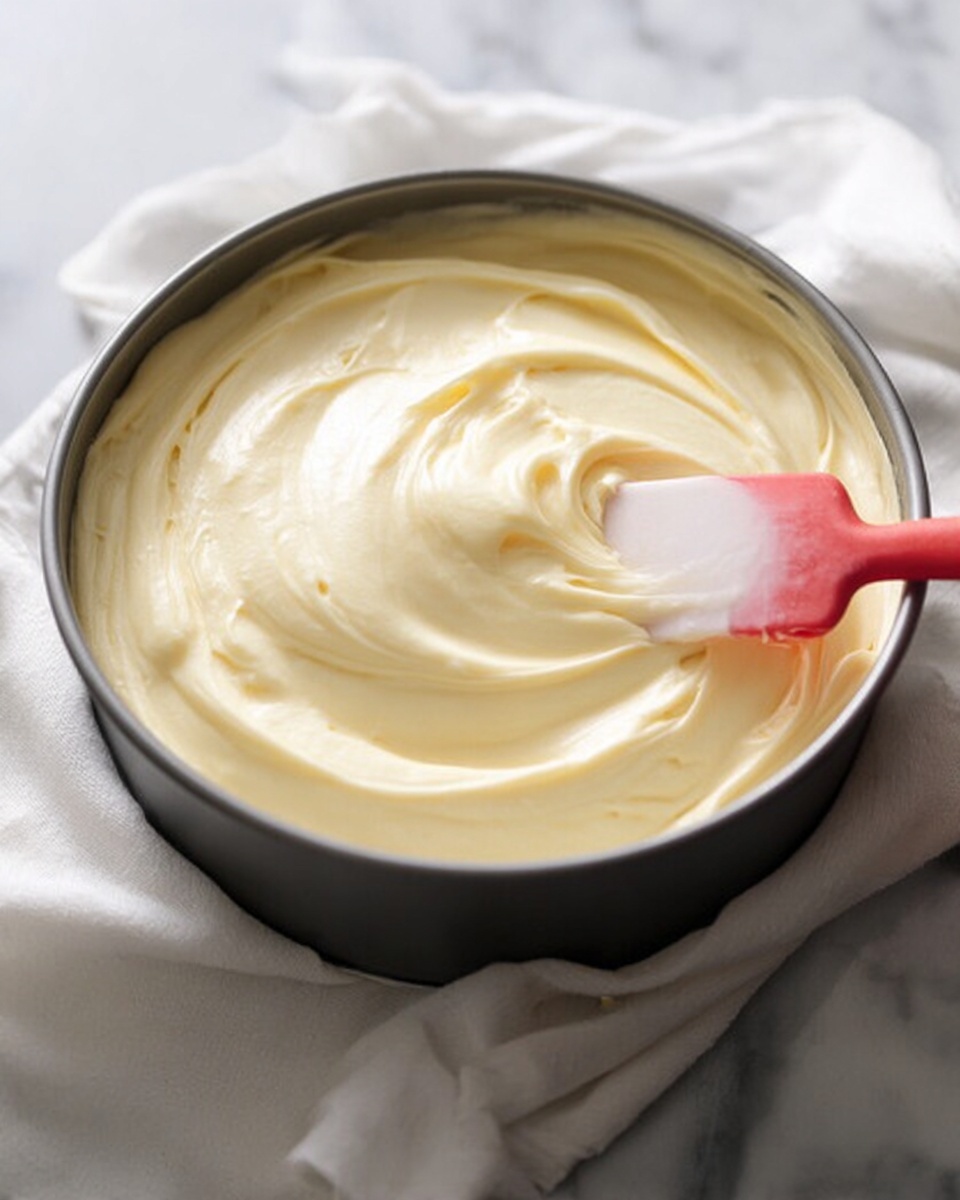 A round baking pan filled with smooth, creamy, pale yellow batter that has a thick and soft texture, being spread evenly with a translucent silicone spatula that has a red edge; the pan sits on a white marbled surface with a white cloth slightly under it, and the batter's surface shows gentle swirls from the spreading motion. photo taken with an iphone --ar 4:5 --v 7