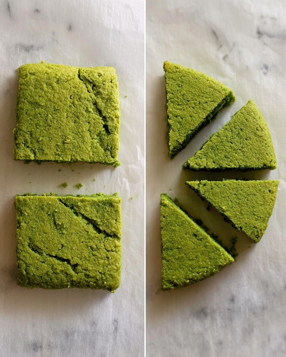 The image shows two stages of a green square dessert with a cracked surface, placed on parchment paper over a white marbled texture. The left side features the whole square treat with a rough, slightly crumbly top. On the right, the square is cut into four triangle pieces, showing the same green color inside and a slightly crumbly texture. The background remains the white marbled texture in both parts of the image. Photo taken with an iphone --ar 4:5 --v 7