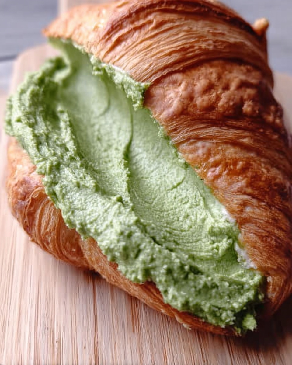 A white croissant is shown partially open with a thick layer of green spread inside. The green spread looks creamy and smooth with a slightly rough texture on the surface. The croissant sits on a wooden cutting board with light brown grain patterns. The focus is on the close-up view of the croissant and the inside spread, showing the flaky layers of the bread and the thick green layer inside. Photo taken with an iphone --ar 4:5 --v 7