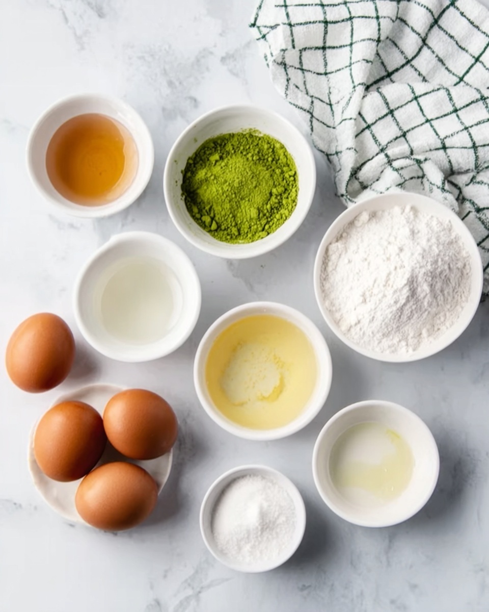 The image shows a white marbled surface with several white bowls and a few brown eggs arranged neatly. There are six brown eggs placed in the lower left corner. Surrounding the eggs are six small white bowls; one contains a clear liquid, another has a light brown liquid, one filled with a bright green powder and white flour, one with white granulated sugar, one with a pale yellow liquid, and one with a small amount of white powder. A white and green checkered cloth is folded and placed on the upper right side. The overall setup looks clean and organized, perfect for baking or cooking preparation. photo taken with an iphone --ar 4:5 --v 7