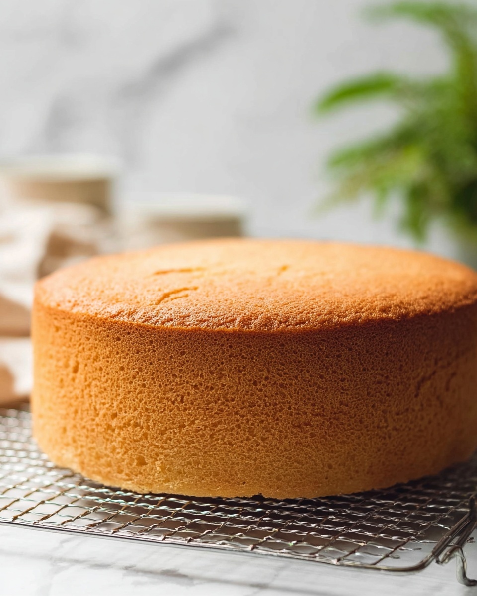 The image shows a single thick, round sponge cake with a golden brown color. The cake has one visible layer and stands tall on a metal wire cooling rack. Its surface looks slightly uneven with a soft texture, and the sides have a uniform light brown shade. The background is a white marbled texture with some blurred kitchen items and a green plant in the distance. Photo taken with an iphone --ar 4:5 --v 7
