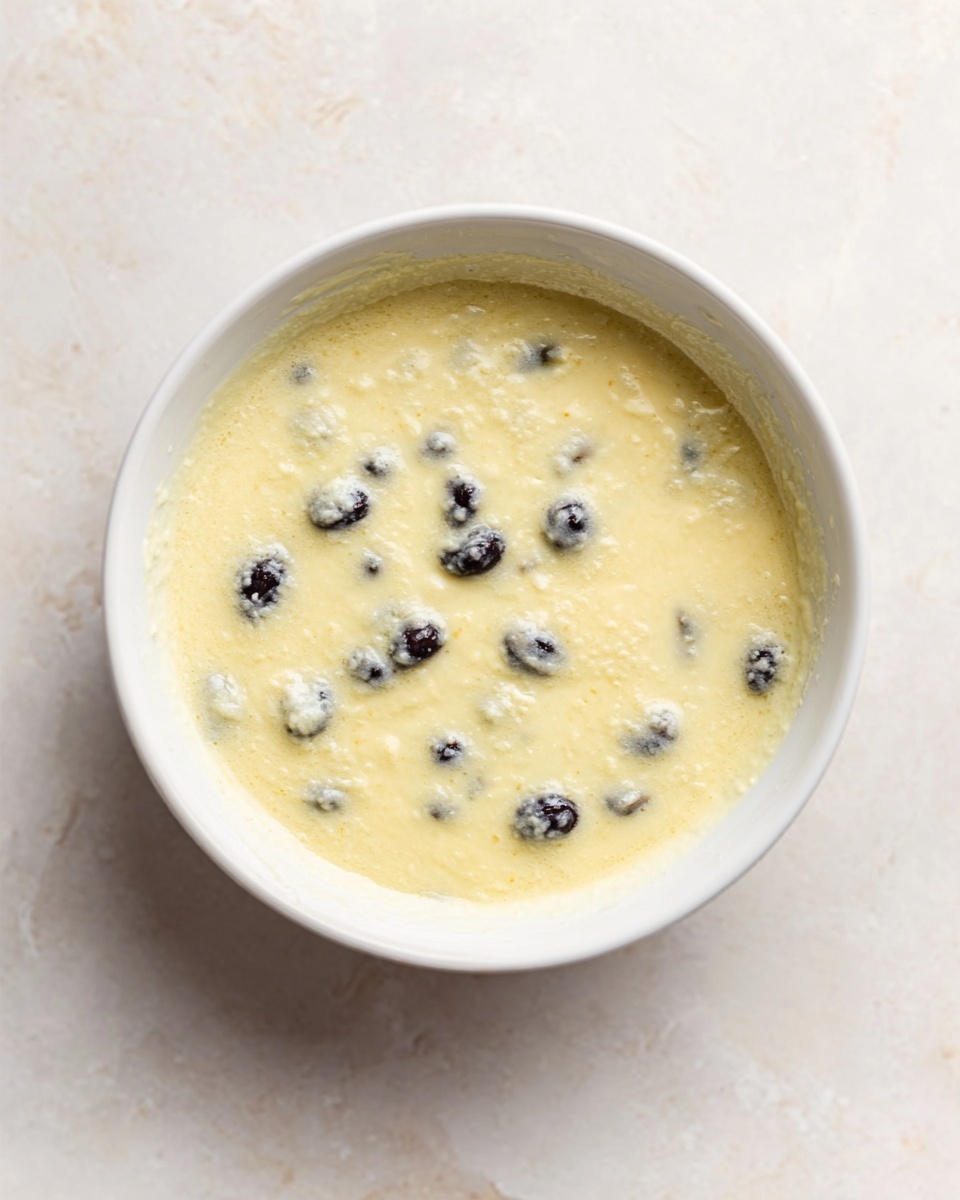 A white bowl filled with a creamy, pale yellow batter mixed with small dark olives scattered throughout. The texture appears smooth and slightly thick, with the olives partly submerged on the surface. The bowl is placed on a white marbled texture background. photo taken with an iphone --ar 4:5 --v 7