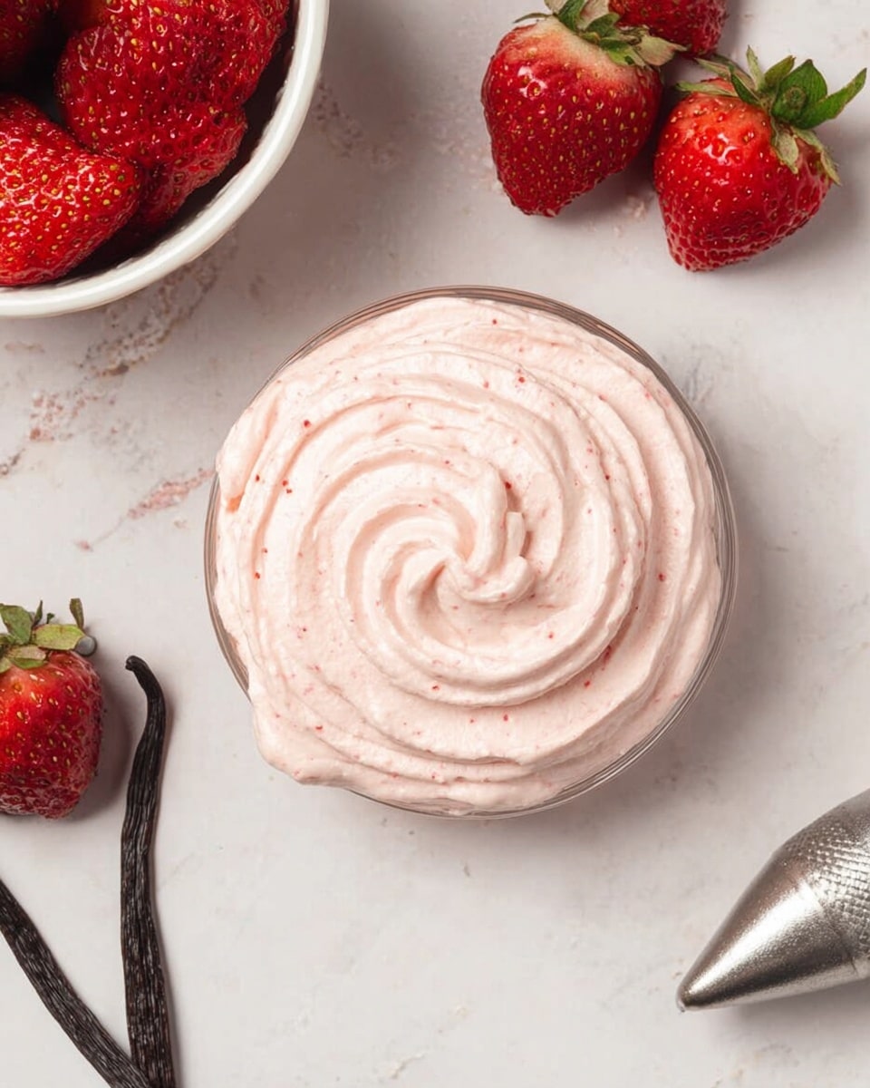 The image shows a small glass bowl filled with pale pink whipped cream, swirled in a circular pattern with soft peaks, creating a smooth and creamy texture with tiny red specks inside. To the top left, there is a white bowl filled with fresh bright red strawberries with green tops, and more strawberries scattered on the white marbled surface around the bowl. At the bottom left, two dark brown vanilla pods lie on the surface. In the bottom right corner, a piping bag filled with the same pale pink whipped cream and a metal tip rests on the white marbled background. The whole scene is bright and clean. photo taken with an iphone --ar 4:5 --v 7
