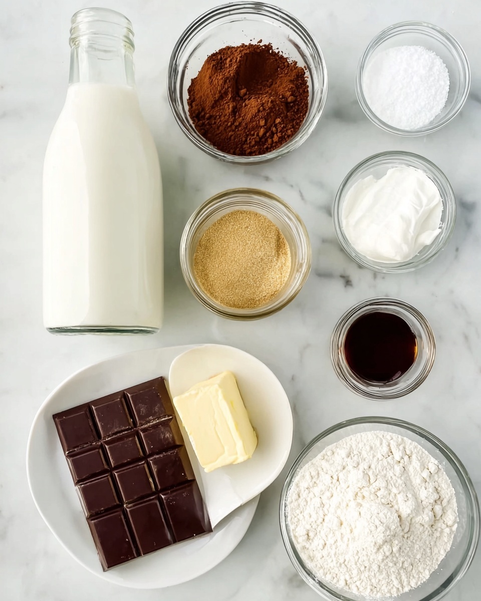 The image shows several clear glass containers with different baking ingredients arranged on a white marbled surface. On the top left is a glass bottle filled with milk, beside it is a jar full of white cream or milk. To the right is a small white bowl with cocoa powder. Below the milk bottle, there is a jar filled with light brown sugar and next to it a small jar with a dark liquid, likely vanilla extract. There is a small white bowl with white salt near the top right corner. A larger clear bowl filled with white flour is partially visible. At the bottom left, a bar of butter rests on a white plate, and next to it, an opened chocolate bar with four large dark chocolate squares is placed on the marbled surface. Photo taken with an iphone --ar 4:5 --v 7