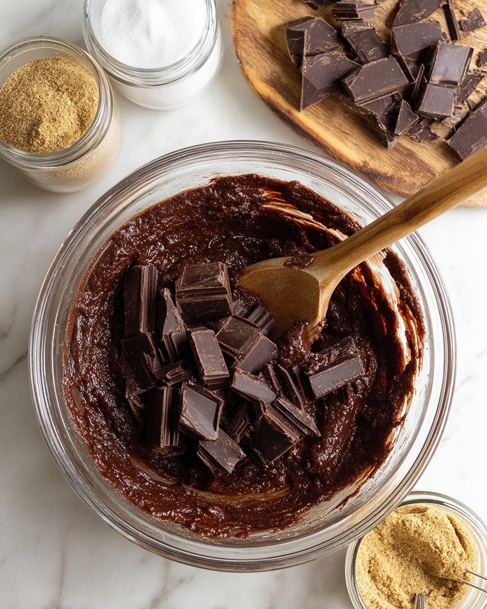 A clear glass bowl filled with thick, dark brown chocolate batter mixed with large pieces of dark chocolate layered on top, a wooden spoon resting inside the bowl, the bowl placed on a white marbled surface. Nearby, there is a white jar filled with white sugar and another white jar containing brown sugar, next to a small wooden board holding more chopped dark chocolate pieces, all arranged neatly. photo taken with an iphone --ar 4:5 --v 7