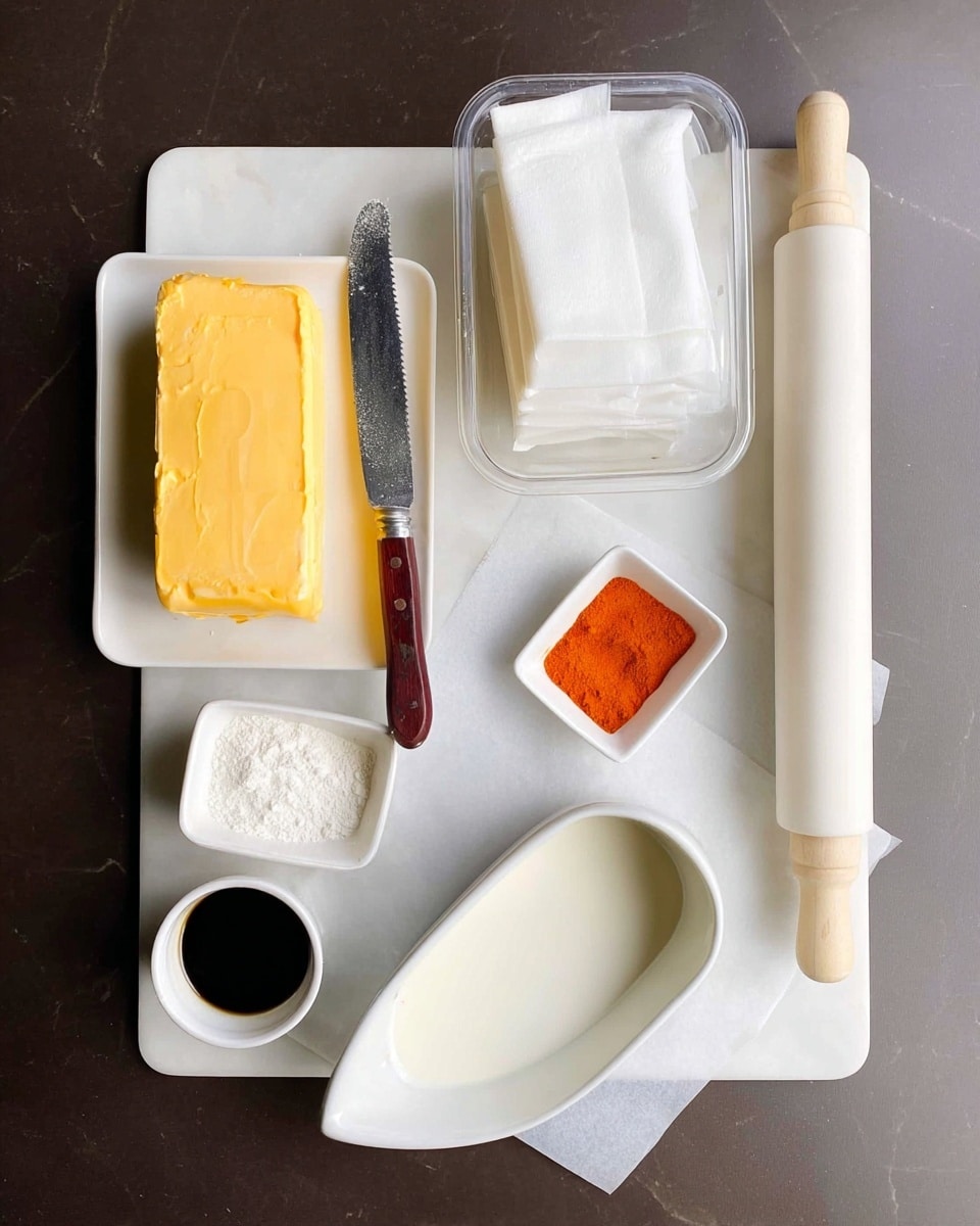 A top view of various baking ingredients and tools on a white marbled surface, including a white rectangular dish holding a block of yellow butter with a serrated knife resting on top; above it, a white plate with a square plastic container filled with folded white sheets of dough; to the right, a small white square dish containing orange powder, placed on white parchment paper next to a white rolling pin; in the center, a white boat-shaped dish filled with milk with a tiny white cup of dark liquid beside it; below on the left, a small white square dish with white powder inside. photo taken with an iphone --ar 4:5 --v 7