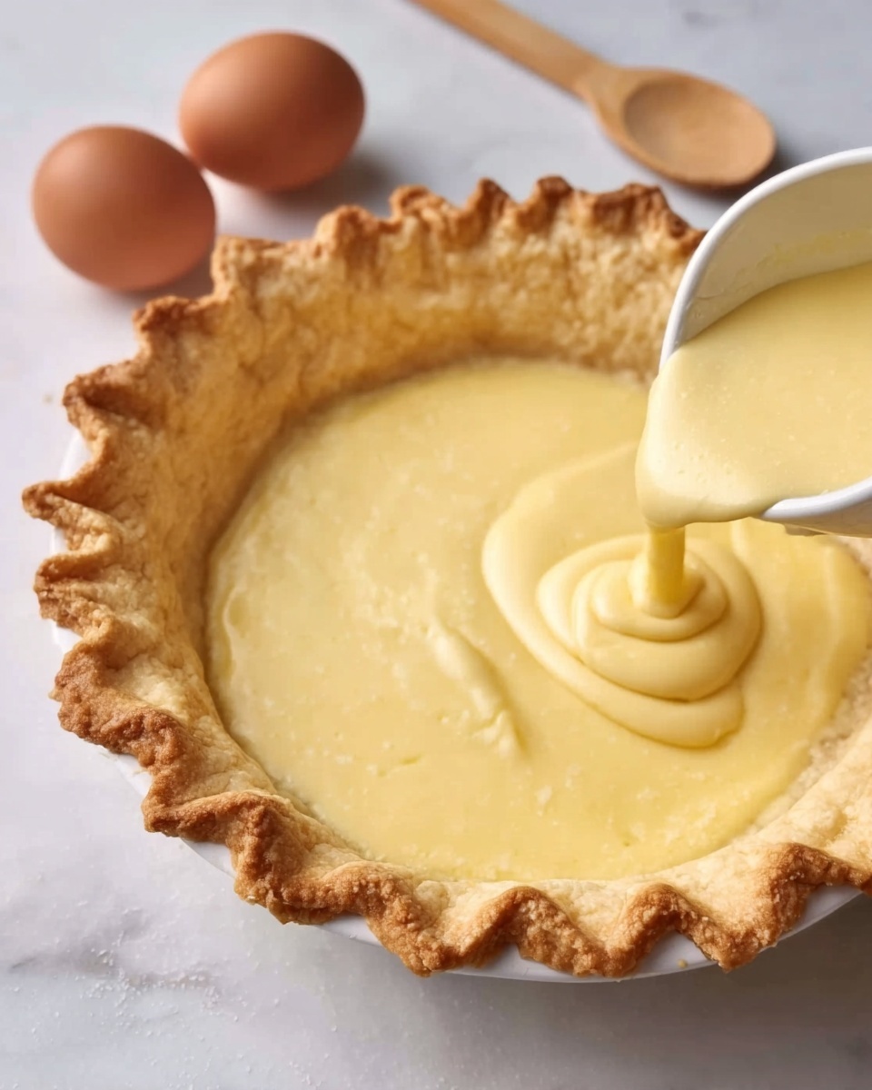 A close-up of a white pie crust in a white marbled surface, filled partially with a smooth, light yellow custard being poured from a white bowl in the lower right corner. The pie crust has a thick, crimped edge with a golden brown color and flaky texture. Two brown eggs rest on the white marbled surface near the bottom left, and a wooden spoon lies flat in the upper right corner. The custard inside the crust is creamy and shiny, softly spreading inside the pie shell. Photo taken with an iphone --ar 4:5 --v 7